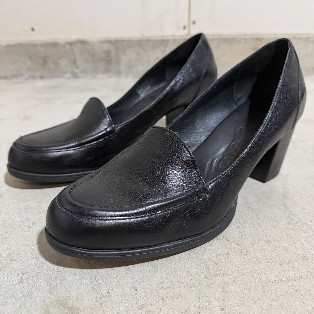 Børn Black Leather Heeled Loafer Pumps - Block Heel - Women's Size 11